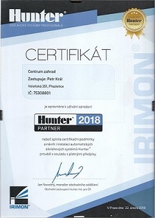 Certifikát Hunter premium partner zavlažovací systémy praha